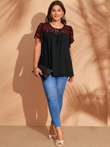 EMERY ROSE Plus Size Women Leopard Print Tie Front Ruffle Sleeve Dressy Blouse, Plus Size Casual Tops, Leopard Print Plus Size Tops,Gifts For Mother,Bohemian Clothes,Springbreak,Rave Outfits,Country Outfits Women , - Red - View 4