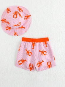 2pcs Baby Boy Cartoon Shrimp Striped Beach Sun Protection Shorts And Swim Hat Set Baby Beach Clothes Baby Summer Clothes Bathing Suits For Baby Beach Outfits For Toddlers Baby Beach Wear