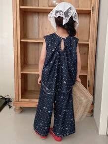 Dazy Kids Bộ 2 món quần jeans ống rộng và áo denim nơ phong cách Hàn Quốc cho bé gái (nhỏ) - Màu xanh lam - Xem 2