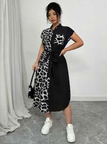 Elenzga Gaun Wanita Ukuran Besar Elegan Motif Leopard dengan Kerah Kemeja, Lengan Raglan, Pita Ikat Sendiri, dan Kancing Kayu, Desain Kasual Serbaguna untuk Klub Musim Semi/Panas - MultiWarna - View 6