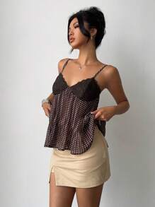 Áo ba lỗ chấm bi ren vá thanh lịch dành cho nữ, mùa hè - Cà phê nâu - Xem 7