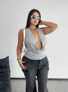 POPSWAY 大码女式纯色垂坠领无袖性感上衣，夏季