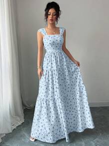 Selianne Váy hoa không tay thắt eo cho nữ, váy cưới phong cách đa năng, váy dài, váy maxi cho mùa xuân/hè, trang phục dự tiệc cho nữ, trang phục thanh lịch, phù hợp để đi làm hàng ngày, lễ hội âm nhạc, trang phục ngày lễ/lễ hội âm nhạc/váy Derby - Màu xanh nhạt - Xem 3