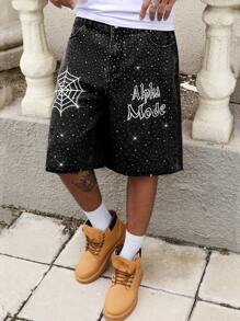 ROMWE MEN Street Life Men's Spider Rhinestone Graphic Pocket Wide Leg Loose Casual Denim Shorts