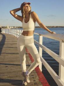 Aralina Leisurewear V Neck Crop Active Workout Top With Contrast Pipping Detail - Apricot - View 8