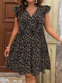 SHEIN VCAY Plus Size Ditsy Floral Print Ruffle Trim Dress Floral Dress Women Summer Floral Dress Floral Summer Dress Black Floral Dress Women Floral Dress - Black - View 3