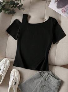 SHEIN LUNE 女士时尚不对称露肩花卉印花短袖 T 恤上衣，夏季 - 黑色 - 查看 2
