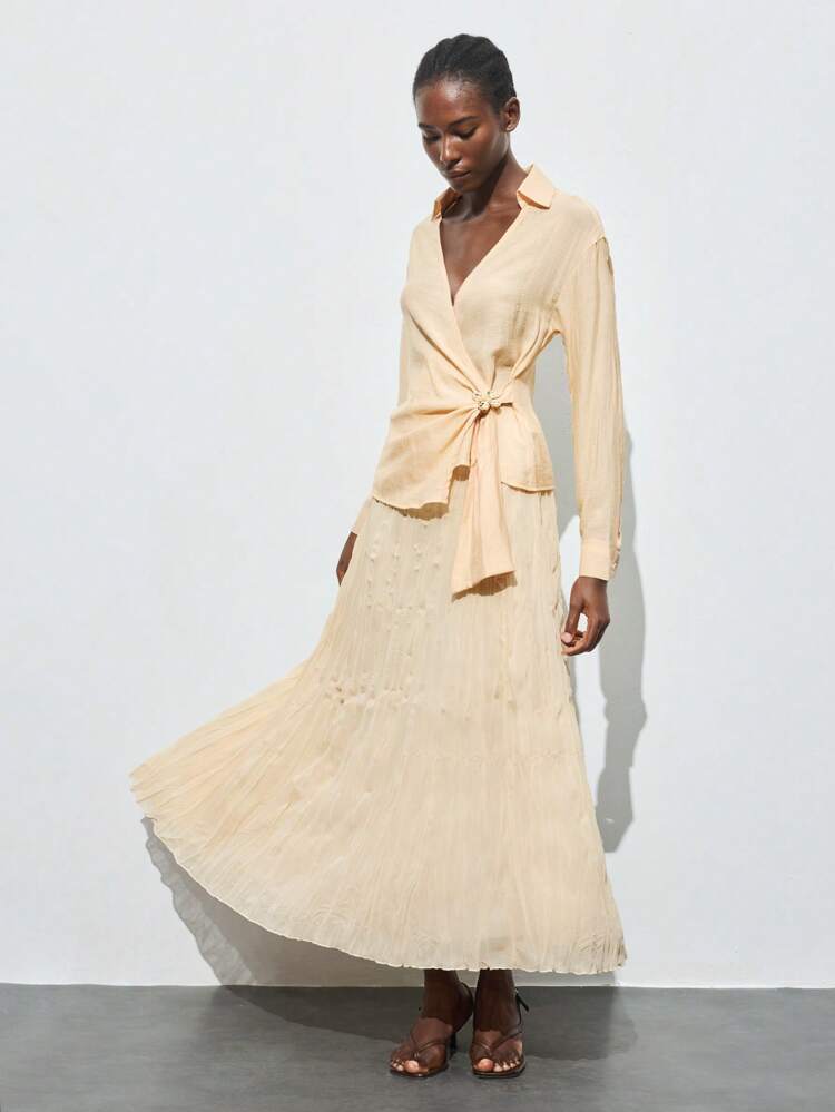 SHEIN Maija 2025 Summer New Asymmetrical Ruffle Pleats Waist Elastic Drawstring Flowy Skirt, Elegant Metropolitan Casual For Commuting, Party, Beach, Music Festival, Brunch, Office, Graduation, St. John's Day