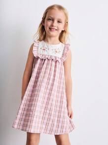 SHEIN Young Girls Cute Embroidered Collar Ruffle Hem Sleeveless Dress, Summer - Multicolor - View 4