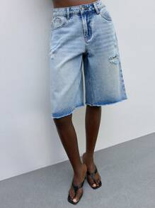 Maija Quần Jeans Xanh Quần Short Bermuda Cạp Thấp Quần Ống Rộng Phù Hợp Cho Trang Phục Thường Ngày Ngày Lễ Mùa Hè - Rửa nhẹ - Xem 7