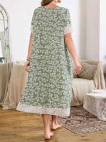 SHEIN Váy ngủ cổ vuông ren họa tiết hoa màu xanh lá cây cỡ lớn cho nữ mùa lễ hội, váy ngủ Moo Moo - màu xanh lá - Xem 2
