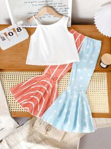 2 件套幼儿女童休闲优雅字母印花背心和星条纹长裤套装 - 彩色 - 查看 2