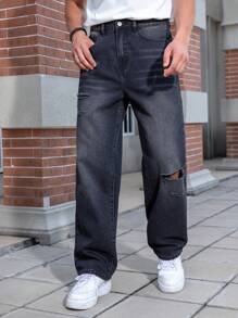 Manfinity Homme Quần Jeans ống đứng cài nút thường ngày cỡ lớn cho nam, mặc hàng ngày - màu đen - Xem 4