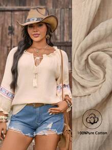 LanaWest 大码休闲度假梭织带拼布衬衫 - 卡其色 - 查看 1