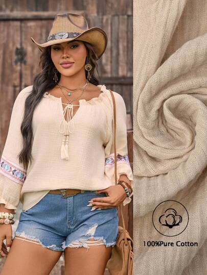 LanaWest Plus Size Casual Vacation Woven Tape Patchwork Shirt