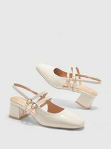 CUCCOO BIZCHIC 女士经典黑色绑带低跟鞋，圣诞节必备 - 米色 - 查看 6