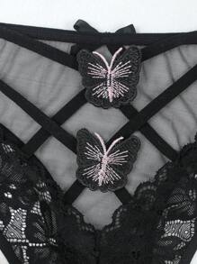 SHEIN 1pc Black Lace & Mesh Bow Decor Thong Panties - Black - View 6