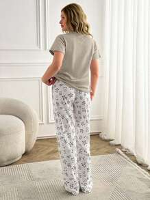 RueChic Woen Cotton 2件套撞色可爱熊猫印花短袖衬衫和撞色熊猫图案睡裤睡衣套装 - 米色 - 查看 2