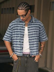 AXEPEAK Men's Striped Frayed Edge Short Sleeve Single-Breasted Casual Denim Shirt - Blue - View 1