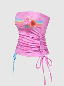 ROMWE Avant 夏季岛屿度假芙蓉花水钻抽绳褶饰抹胸女款