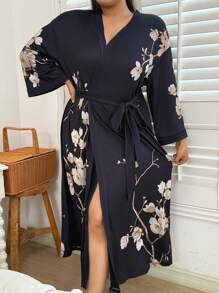 SHEIN Robe longue d'été élégante à imprimé floral noir avec ceinture, pour l'automne et l'hiver, grande taille - Noir - Voir 6