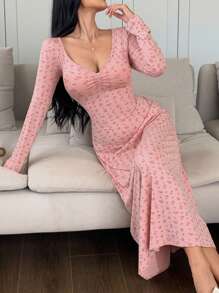 DAZY Camisón de noche con cuello en V largo, drapeado y estampado floral ditsy, para otoño e invierno - Rosa - Ver 5