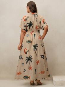 Anewsta Plus Size Women Summer New Design Vacation Printed V-Neck Twist Waist Midi Dress - Khaki - View 2