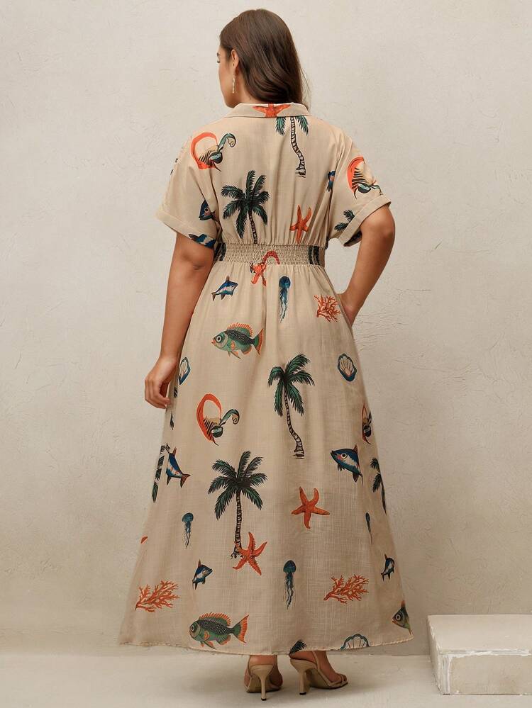 プラスサイズ レディース 夏用 新作 バカンス柄 Vネック ツイスト ウエスト ミディアムドレス