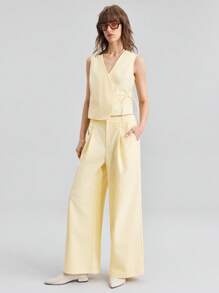 Ontre 2025 Women's Summer Clothing Set,Pale Yellow Smart Casual Brunch Wear,Solid Wrap Tie Sleeveless Top & Loose Wide Leg Pants,Beach Resort Club Fashion - Yellow - View 4