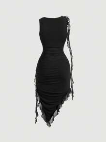 SHEIN MOD Women Fashionable Tight-Fitting Dress With Asymmetrical Hemline, 3D Flower And Sash Detail