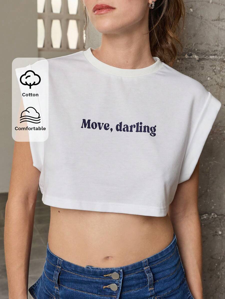 Nöista Áo thun in hình, áo crop top dáng rộng cổ tròn cho nữ, thích hợp mặc mùa hè. - trắng - Xem 1
