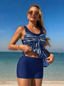 Swim Lushoire 2pcs/Set Women's Black & White Striped Random Tie-Dye Print Bowknot Front Round Neck Wide Strap Top +Black Mid-Waist Swimshorts, Simple Casual Vacation Bikini Set For Summer