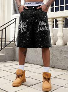 ROMWE MEN Street Life Men's Spider Rhinestone Graphic Pocket Wide Leg Loose Casual Denim Shorts