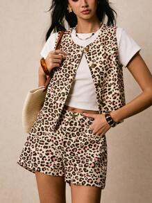 Poéselle Conjunto de mujer de chaleco y pantalones cortos de jean, conjunto de estampado de leopardo, conjunto de pantalones cortos casuales, chaleco de un solo botonadura con estampado de leopardo y pantalones cortos de jean, conjunto de 2 piezas para mujer, conjunto de pantalones cortos, ropa de verano bohemia de 2 piezas, conjunto de verano de 2 piezas para mujer, conjunto de 2 piezas corto de mujer estilo Y2K, conjunto de mujer, conjunto de pantalones cortos de verano de 2 piezas, atuendo de concierto country