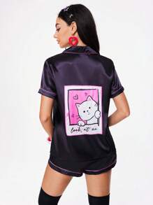 女士短袖上衣和短裤睡衣套装，府绸 - 彩色 - 查看 2