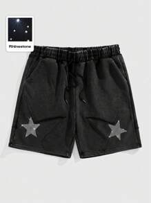ROMWE MEN Street Life Pantaloni scurți bărbătești cu model pentagramă și strasuri, potriviți pentru purtare zilnică primăvara/vara - Negru - Vizualizare 1