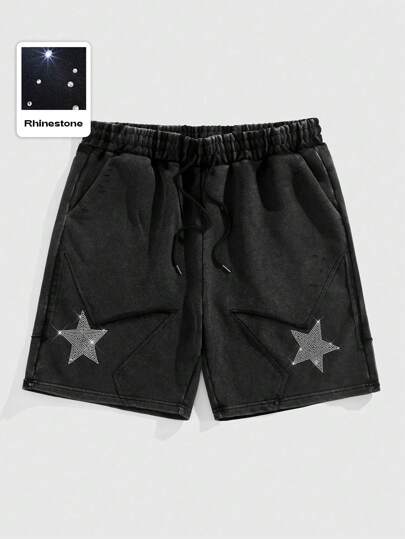 Street Life Men's Pentagram Patchwork Rhinestone Star Embellished Shorts
