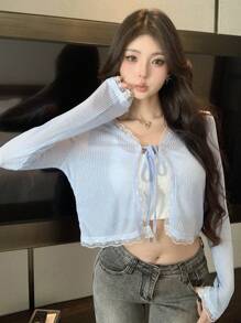 DAZY 女式蕾丝拼布抽绳系带袖口长袖上衣，秋季女装 - 藍色 - 查看 5