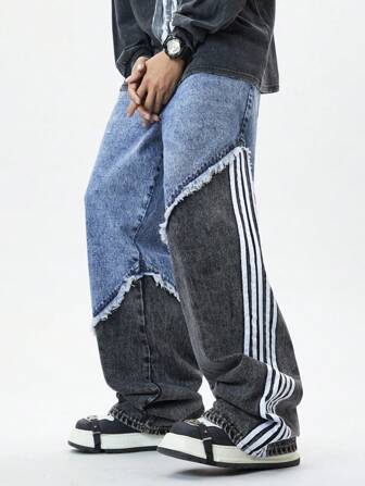 Prep Pantalones vaqueros de hombre con paneles de rayas de contraste de moda