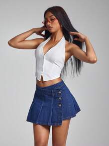 SHEIN ICON Women's Single Button Side Pleated Casual Denim Mini Skirt - Dark Wash - View 4