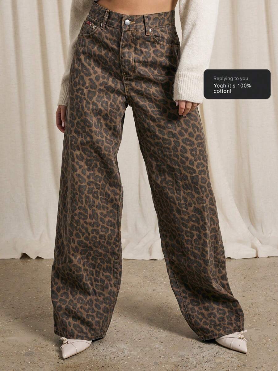 AiiRZ 豹纹阔腿牛仔裤高腰动物印花牛仔裤复古 Y2K 时尚个性下装秋冬派对俱乐部街头服饰