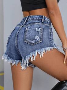 SHEIN PETITE Shorts de mezclilla informales de verano para uso diario con botones y dobladillo deshilachado para mujeres - Azul lavado medio - Ver 2