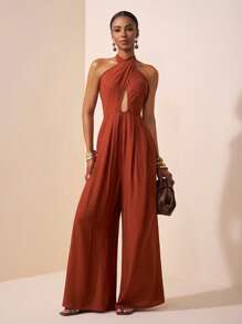 Zivah 2025 Summer New Style For Weddings, Birthday Parties, Daily Travel, Basic And Versatile, Leisure Vacation, Cruise Travel, Beach And Sunbathing, Popular Online Style, Street Style, Elegant Commuting, Business Casual, Deep V-Neck Halter Neck Cross Straps, Sexy Backless Pleated Loose Wide-Leg Pants, Red-Brown Summer Jumpsuit, Women's Jumpsuit - Rust Brown - View 4