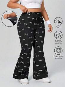 SHEIN Essnce Plus Size Women Knitted Denim Stretch Bow Print Flared Skinny Pants - Black - View 1