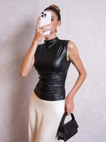 SHEIN Clasi 女士休闲纯色垫肩背心，百搭秋冬季款 - 黑色 - 查看 4