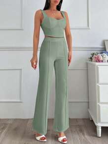 EURMUSE 纯色女式紧身胸衣上衣和阔腿修身裤优雅两件套 - 薄荷綠 - 查看 5