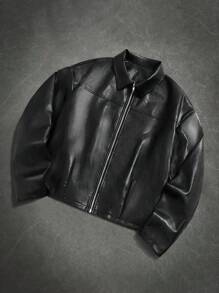 Manfinity LEGND 男士短款长袖拉链皮夹克 男士皮夹克 男士皮革摩托车夹克 男士皮夹克 男士黑色夹克 短款夹克 男士短款夹克 男士黑色拉链夹克 拉链皮夹克 黑色皮夹克 男士短款夹克 男士短款夹克 短款皮夹克 机能夹克，秋冬 - 黑色 - 查看 2