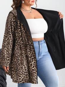 SHEIN CURVE+ Chaqueta con capucha reversible de estampado de leopardo para mujer de tallas grandes, atuendos de otoño/verano, vacaciones en el campo/playa, ropa de playa