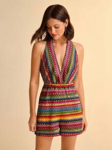 CAJUNI 女式波西米亚风格度假休闲沙滩V领无袖短款条纹连体裤，夏季 - 彩色 - 查看 3