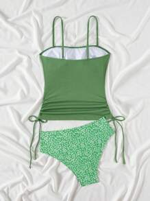 Swim Lushoire 女士沙滩装套装，分体泳衣，带碎花下装，可调节肩带，休闲海滩度假露背细肩带分体泳衣 - 綠色 - 查看 3